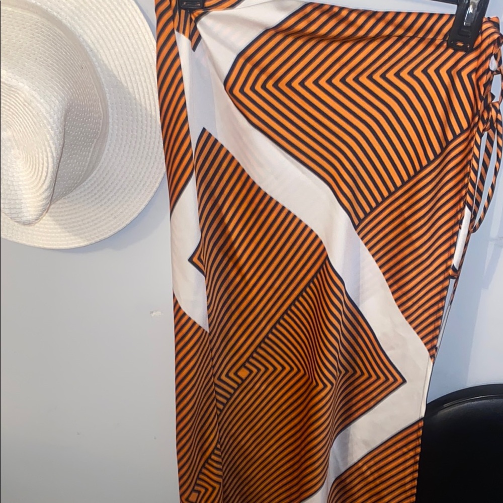 LOFT multicolored (tangerine punch & white with black stripe) wrap skirt midi
